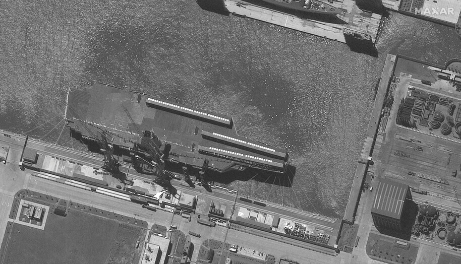China’s third aircraft carrier, known as Fujian, is pictured here in a photo taken by a satellite on June 18. (Reuters/Yonhap News)