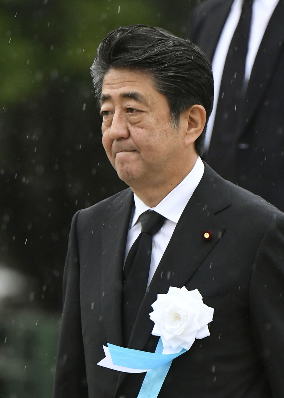 Japanese Prime Minister Shinzo Abe attends a memorial service for atomic bombing victims at Hiroshima Peace Memorial Park on Aug. 6.