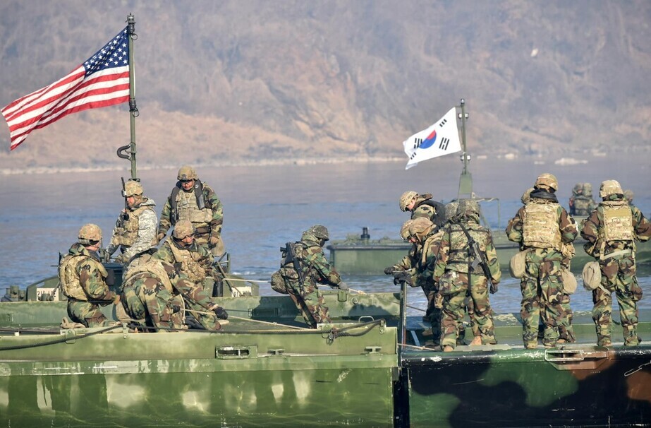 Republic of Korea Army's 5th Engineer Brigade and USFK 11th Engineer Battalion, 2nd Infantry Division Sustainment Brigade carry out a combined wet gap crossing as part of the annual combined training near the Imjin River starting on March 11, 2024. (USFK Facebook page)