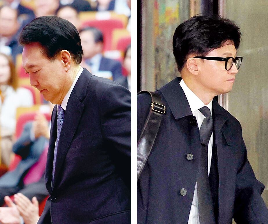 (Left) President Yoon Suk-yeol of South Korea walks to the podium to deliver an address at the Korea Institute of Science and Technology on Jan. 5. (Right) Han Dong-hoon, the interim leader of the ruling People Power Party, heads into the party’s office in Seoul on Jan. 22. (Kim Bong-gyu/The Hankyoreh)