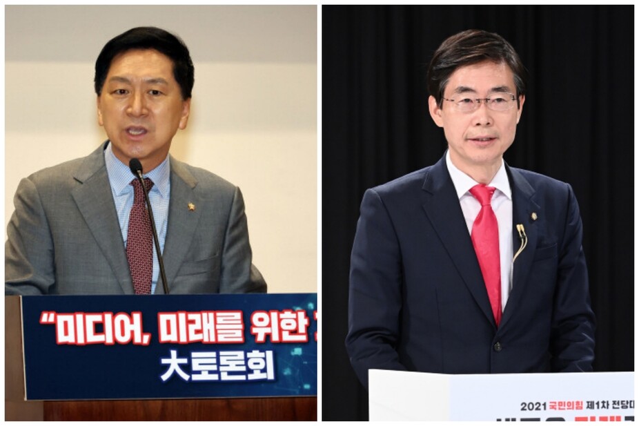 국민의힘 김기현 의원(왼쪽 사진)과 조경태 의원. &lt;한겨레&gt; 자료 사진