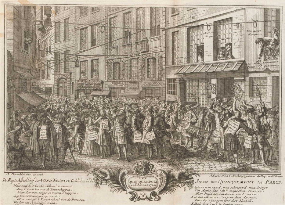 1720년 미시시피회사 주식의 광기에 휩싸인 군중을 그린 무명화가의 삽화.