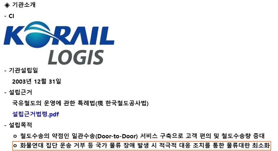 공공기관 경영정보 공개시스템(알리오·ALIO)에 공시된 코레일로지스의 설립목적. 알리오 갈무리