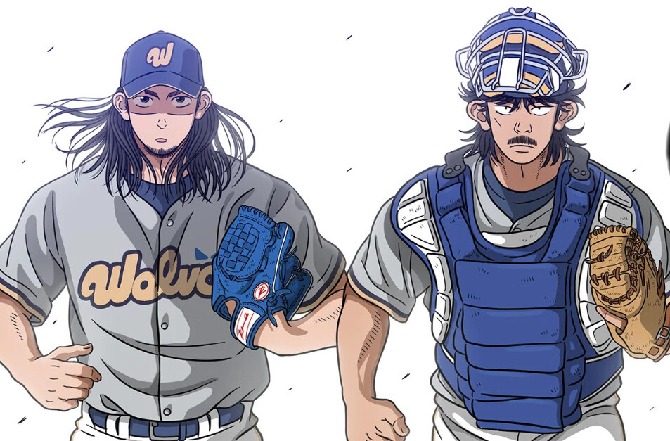 ‘리듬 앤 베이스볼’의 낭만 배터리 이향기(왼쪽)와 조진(위). 카카오웹툰 제공