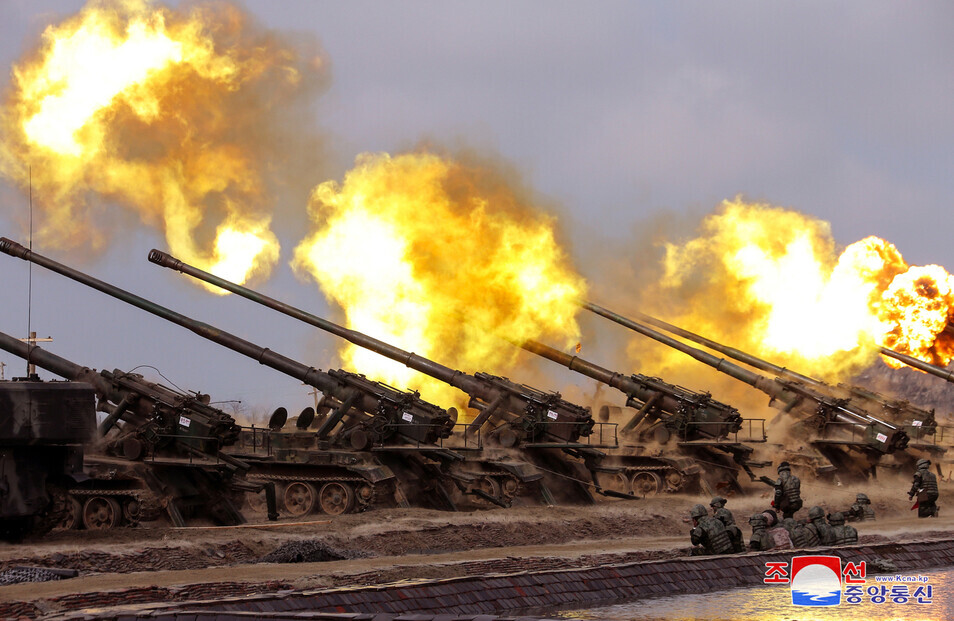 KCNA reported on March 8, 2024, that one day prior, Kim Jong-un had overseen artillery firing drills by units within range of Seoul. (KCNA/Yonhap)