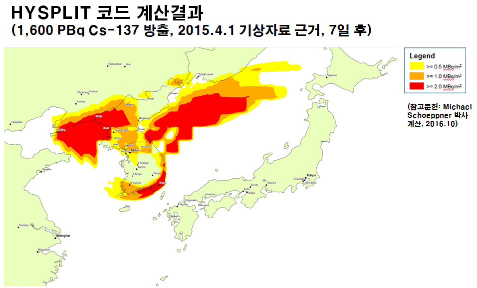 Analysis using the HYSPLIT (Hybrid Single Particle Lagrangian Integrated Trajectory) model showing the damage area from a possible fire at the Kori No. 3 Nuclear Power Plant