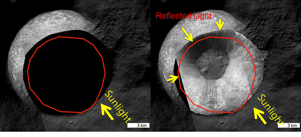 섀도캠으로 촬영한 달 극지역 크레이터의 예상 모습. 일반카메라로 촬영했을 때 보이지 않는 부분(왼쪽)까지 선명하게 촬영할 수 있다.(오른쪽) 한국항공우주연구원 제공