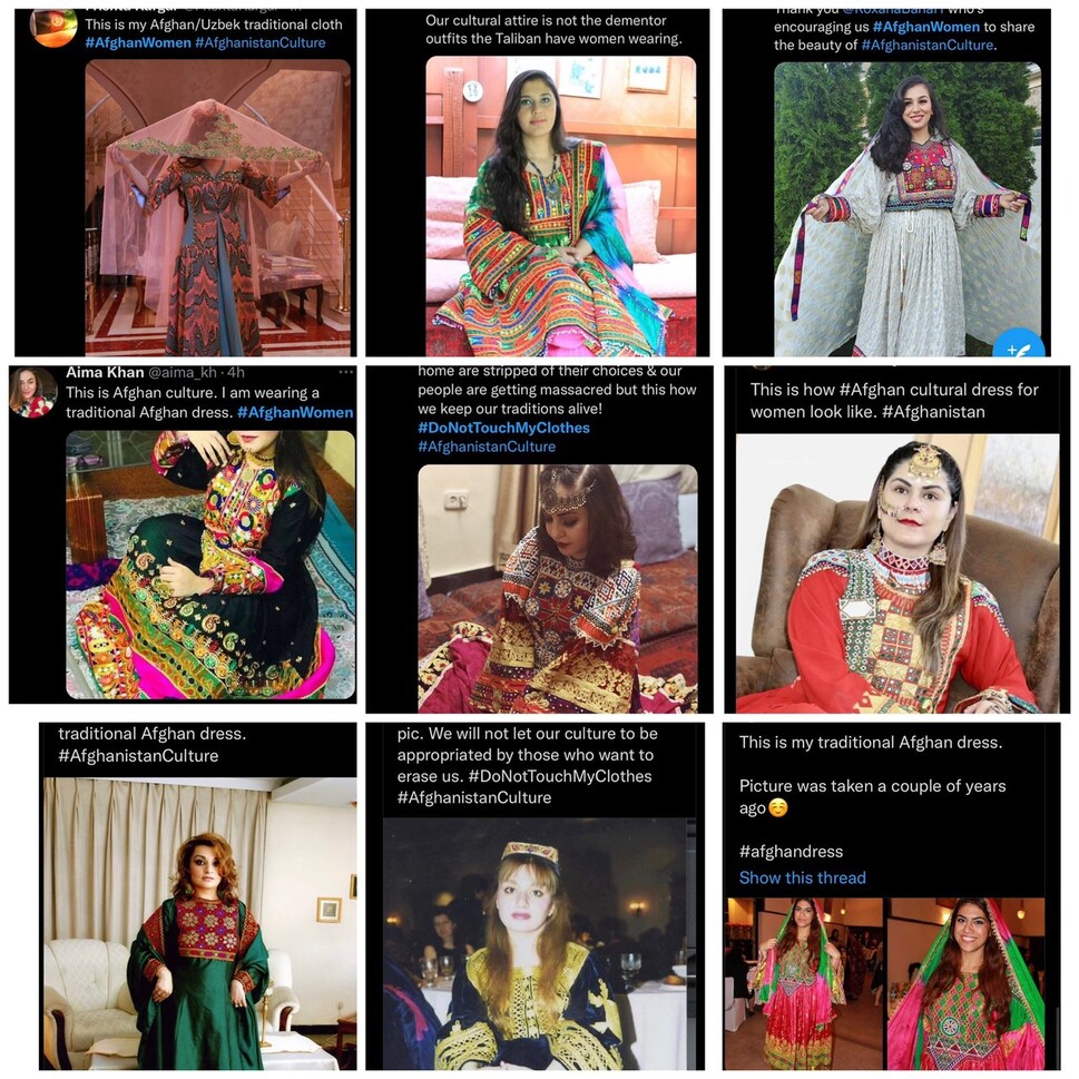 아프간 여성들이 전통 의상을 입은 사진을 찍어 트위터에 올리고 있다. 트위터 갈무리