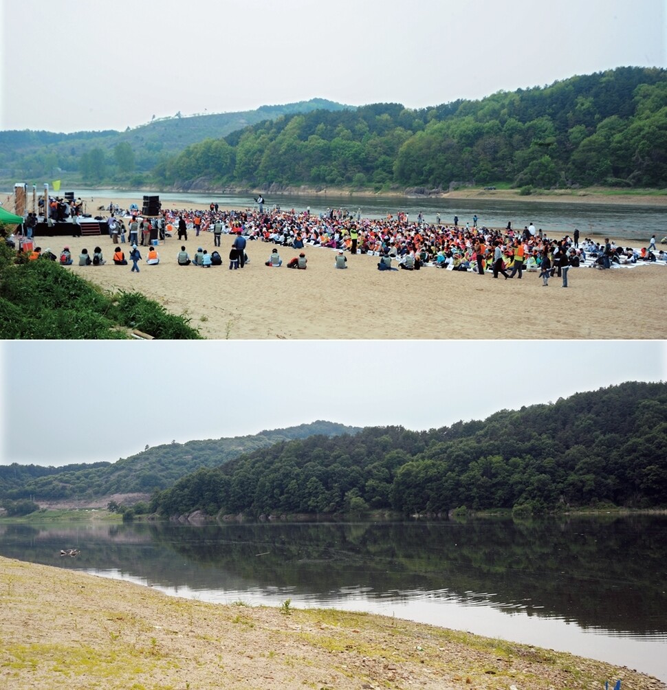 4대강 사업은 충남 공주시의 역사가 담긴 금강 곰나루 모래톱마저 없애버렸다. 공사 시작 전인 2008년 4월 공주 시민들이 모래톱에 모여 행사를 열고 있다(위). 2012년 6월 준설과 공주보 건설로 모래톱이 대부분 사라진 모습. 대전충남녹색연합 제공