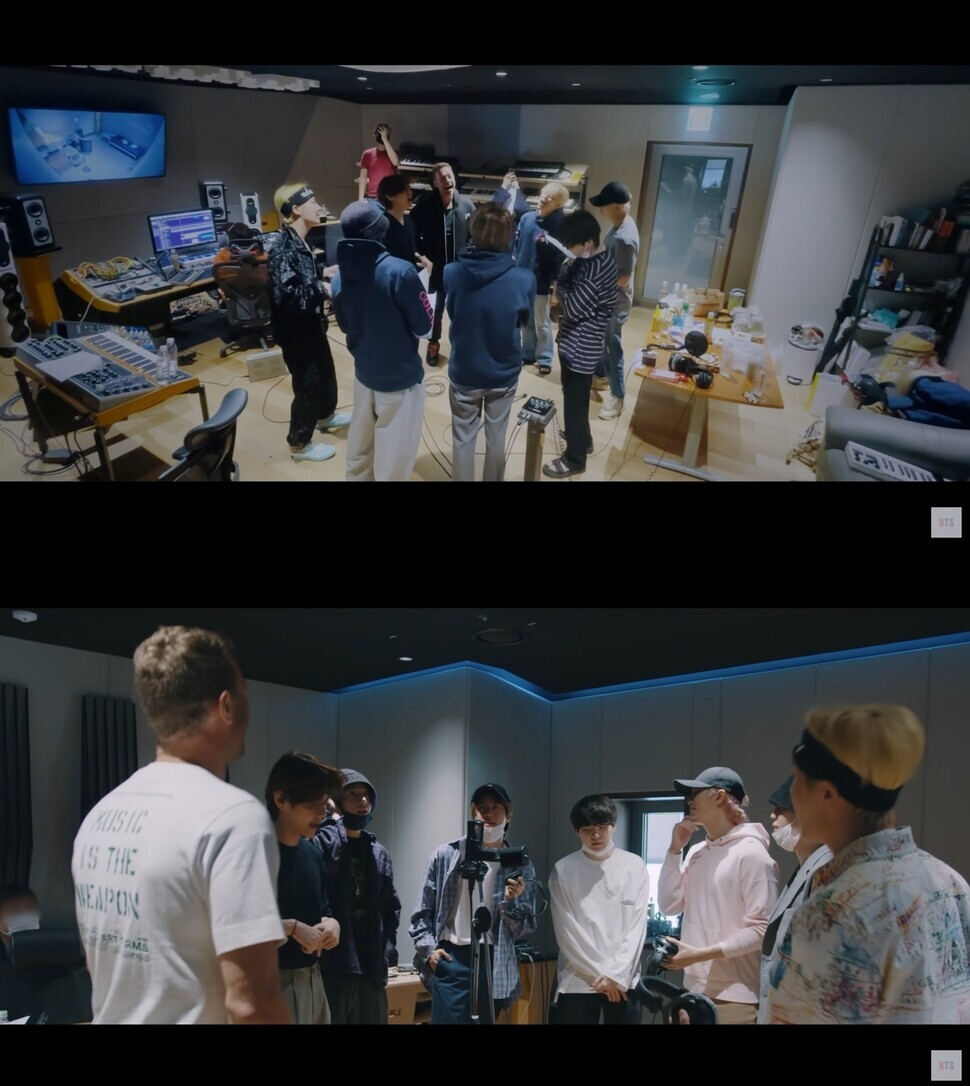 BTS and Coldplay at work in the studio (provided by BigHit Music)