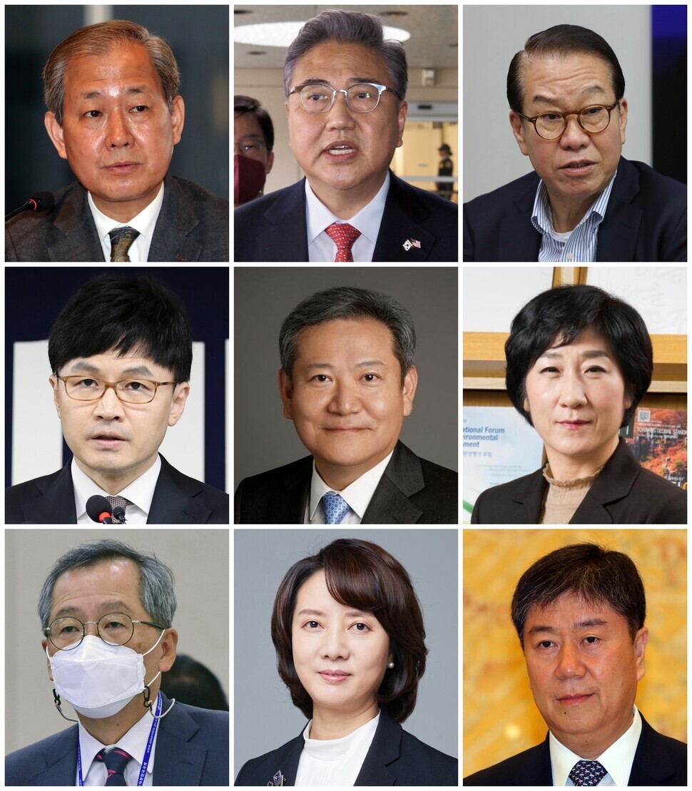 President-elect Yoon Suk-yeol’s latest Cabinet picks (left to right, top to bottom): Kim In-chul for deputy prime minister and education minister; Park Jin for minister of foreign affairs; Kwon Young-se as minister of unification; Han Dong-hoon for justice minister; Lee Sang-min for minister of the interior and safety; Han Wha-jin as environment minister; Cho Seung-hwan as minister of oceans and fisheries; Lee Young as minister of SMEs and Startups; and Kim Dae-ki to be presidential chief of staff. (Yonhap News)