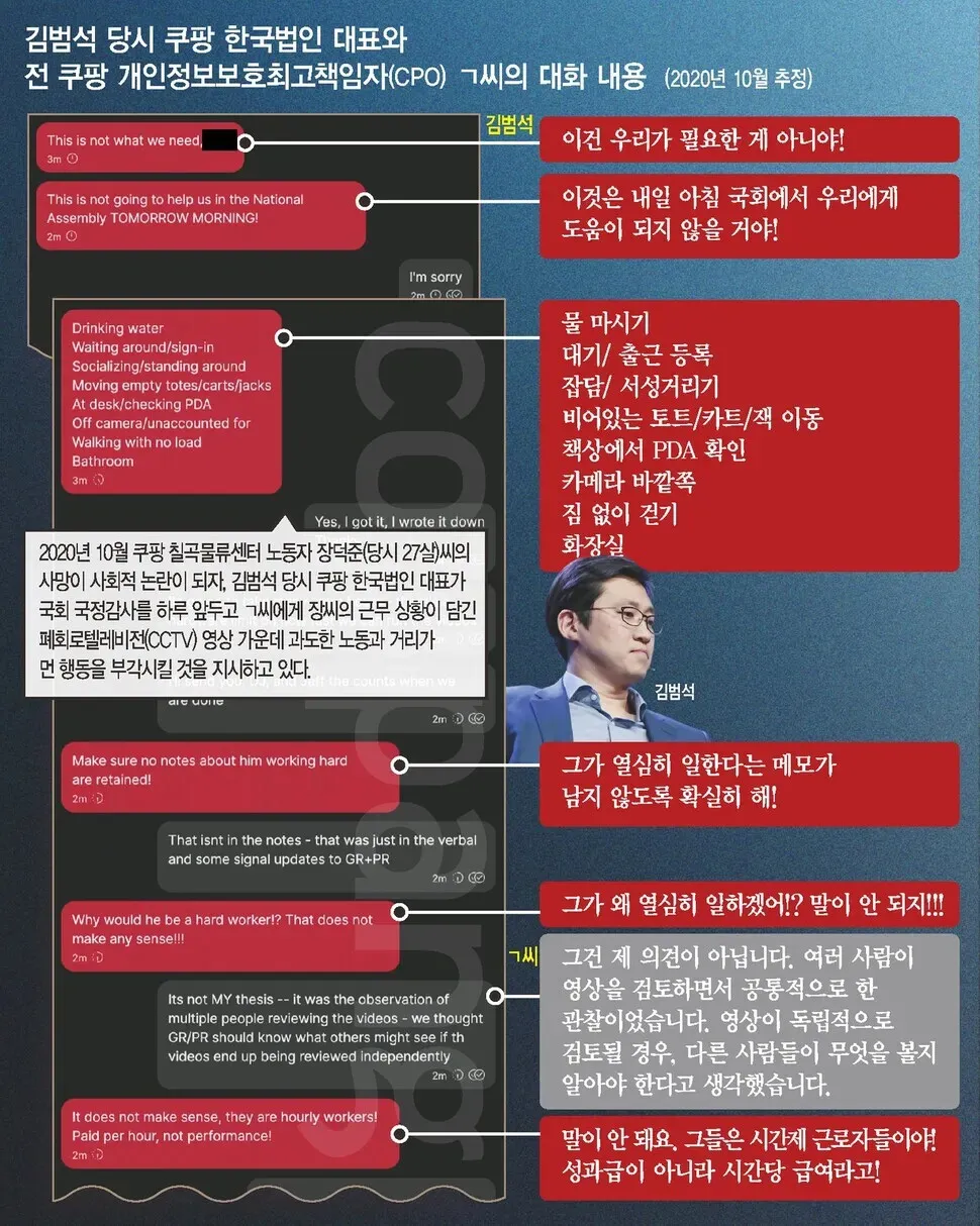 A conversation between then-Coupang Corp. CEO Kim Bom-suk and the company’s chief privacy officer at the time.