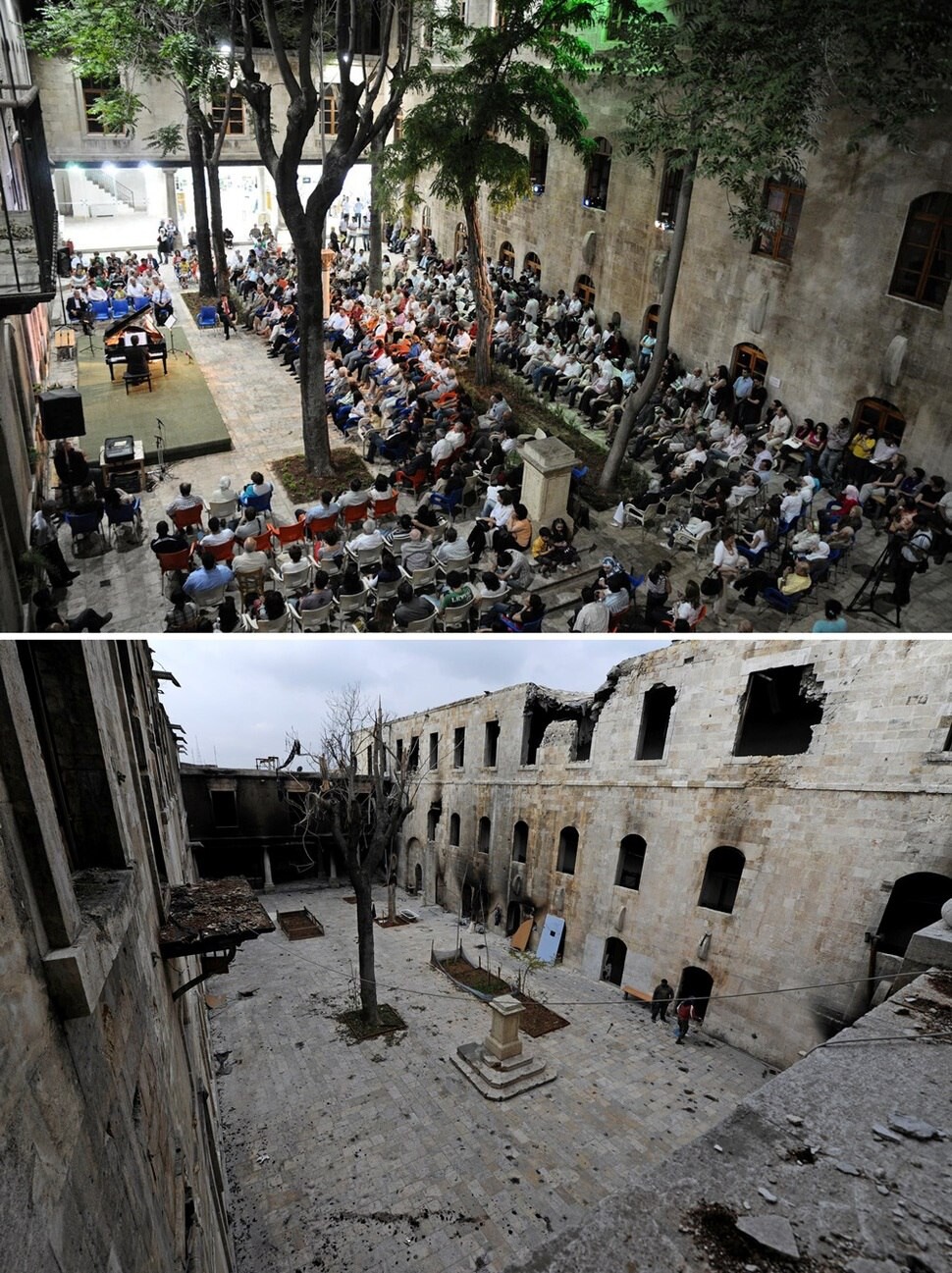 2009년 6월6일과 2016년 12월17일, 알레포의 옛 시가지에 있는 알셰바니 학교의 안뜰.