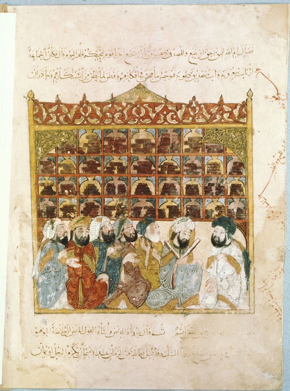 13세기에 알 하리리가 새로 제작한 버전의 &lt;마카마트&gt;에 실린 아랍 도서관 정밀화. 마농지 제공