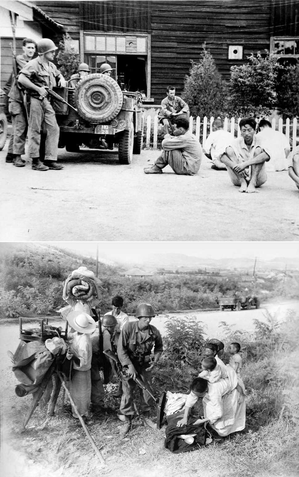 미군이 포로로 잡은 공산주의 ‘혐의자’(위쪽). “공산주의자로 보이는”이라는 사진병의 캡션을 통해 미군이 당시 적과 구별되지 않는 민간인에 대해 혼란스러워했다는 점을 알 수 있다. 아래쪽 사진은 미군에 의해 봇짐을 검색당하는 피란민들. 피란민 여성을 검색하는 모습인데, 사진병은 미군이 피란민을 돕는 것으로 왜곡해 기록했다. <한국전쟁 사진의 역사사회학>