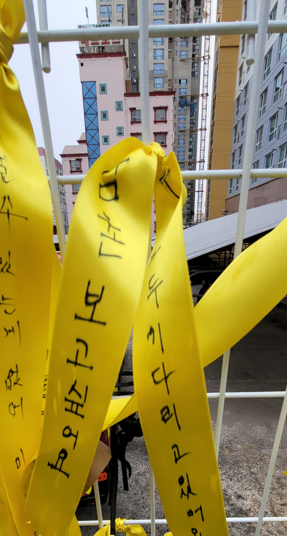 광주 서구 화정동 아이파크 아파트 붕괴사고 현장이 보이는 철망에 실종자가 돌아오기를 바라는 문구가 쓰인 노란 리본들이 걸려 있다.