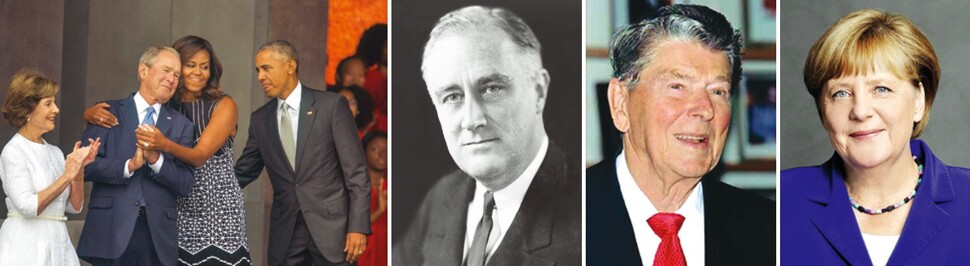 (왼쪽부터) 전 미국 대통령들인 조지 부시 가족과 버락 오바마 가족이 함께하고 있다. 전 미국 대통령인 프랭클린 루스벨트와 로널드 레이건, 전 독일 총리 앙겔라 메르켈. EPA 연합뉴스. 연합뉴스
