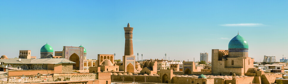 Panoramic view from the Ark fortress to the Po-i-Kalyan complex, Bukhara, Uzbekistan
