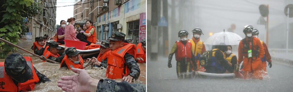 지난 12일 중국 후베이성 쑤이저우의 홍수 피해 지역에서 구명조끼를 입은 무장경찰들이 주민들을 보트에 태워 구조하고 있다.(왼쪽) 지난 14일 폭우로 물에 잠긴 일본 서부 후쿠오카현 구루메 거리에서 소방대원들이 고립된 주민들을 보트에 태워 대피시키고 있다.(오른쪽) 연합뉴스