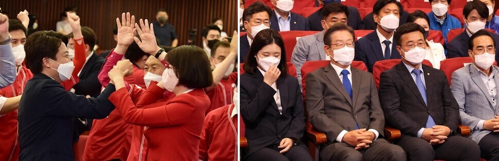 People Power Party leadership (left) celebrates after exit polls for the June 1 local elections are announced, while the Democratic Party (right) sit in protracted silence upon the announcement at their election coverage headquarters. (Yonhap News)