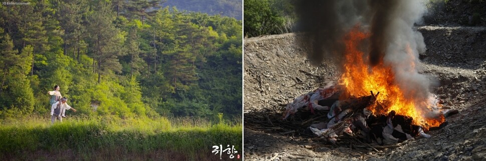 영화 에서 14살 정민이가 위안부로 끌려가기 전 모습(왼쪽). 강일출 할머니가 그린 ‘태워지는 처녀들’이란 그림을 재현하는 촬영 장면(오른쪽). 제이오엔터테인먼트