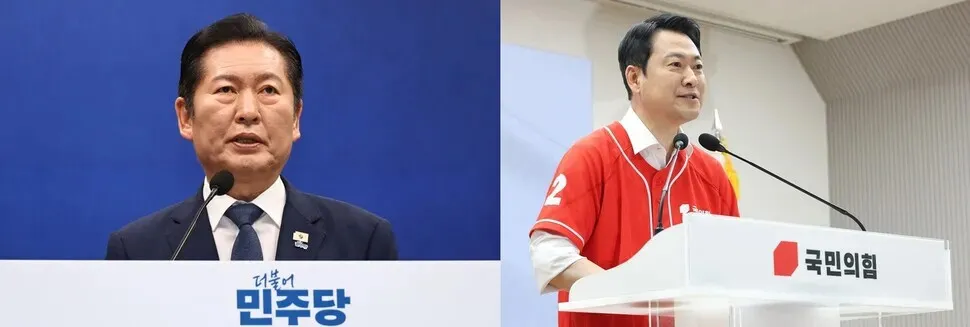Democratic Party leader Jung Chung-rae holds a press conference at the National Assembly on May 13, 2026. (Yoon Woon-sik/Hankyoreh); People Power Party leader Jang Dong-hyuk speaks at the launch of an election task force at the party’s headquarters in Yeouido. (pool photo)