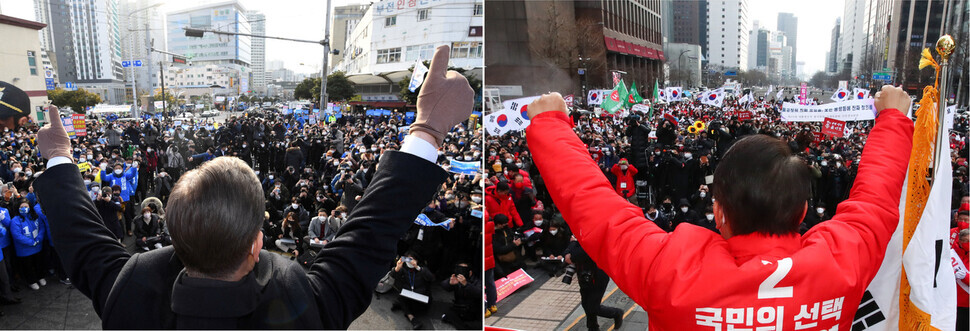 Lee Jae-myung of the Democratic Party (left) and Yoon Suk-yeol of the People Power Party (right) rally supporters at their respective campaign events on Tuesday. (pool photo)