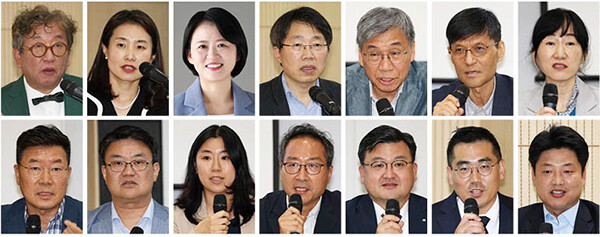 축사를 한 김상협 탄소중립녹색성장위원회 공동위원장(윗줄 왼쪽부터 시계방향으로), 김소희 국민의힘 22대 국회의원 당선자, 박지혜 더불어민주당 22대 국회의원 당선자, 발제를 맡은 석광훈 에너지전환포럼 전문위원, 토론에 참여한 조영탁 한밭대 교수(좌장), 이유수 에너지경제연구원 선임연구위원, 정세은 충남대 교수, 이정남 산업부 전력시장과 사무관, 김양기 RWE 리뉴어블즈 코리아 수석, 조영준 대한상의 지속가능경영원장, 남태섭 전국전력산업노련 사무처장, 하지현 기후솔루션 젼력시장계통팀장, 이헌석 에너지정의행동 정책위원, 김경식 ESG 네트워크 대표. 강창광 선임기자 chang@hani.co.kr