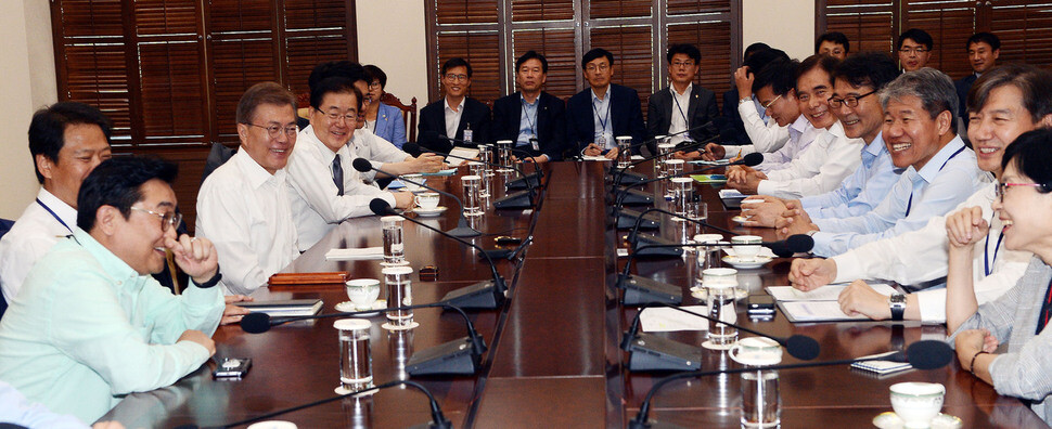President Moon Jae-in presides over a meeting of his senior secretariat and advisors