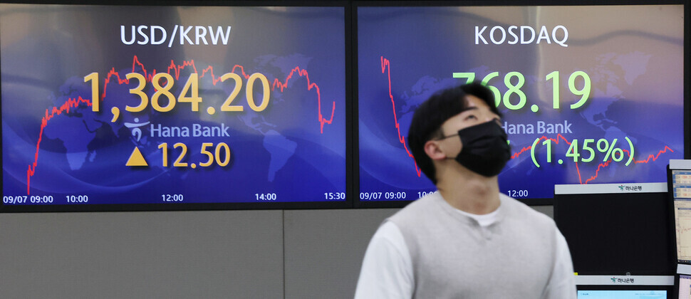 Monitors in Hana Bank’s dealing room in downtown Seoul display the KOSPI and won/dollar exchange rate on Sept. 7. (Yonhap)