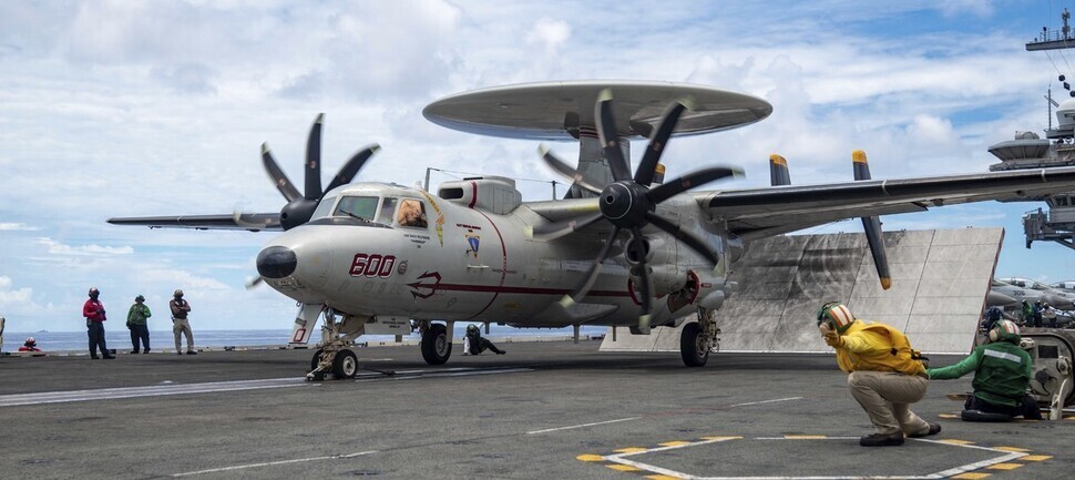 The US military released this photo of an airborne early warning aircraft being launched from the USS Ronald Reagan in the Philippine Sea as a contingency option during heightened tensions in the region during US House Speaker Nancy Pelosi’s visit to Taiwan. (AP/Yonhap News)