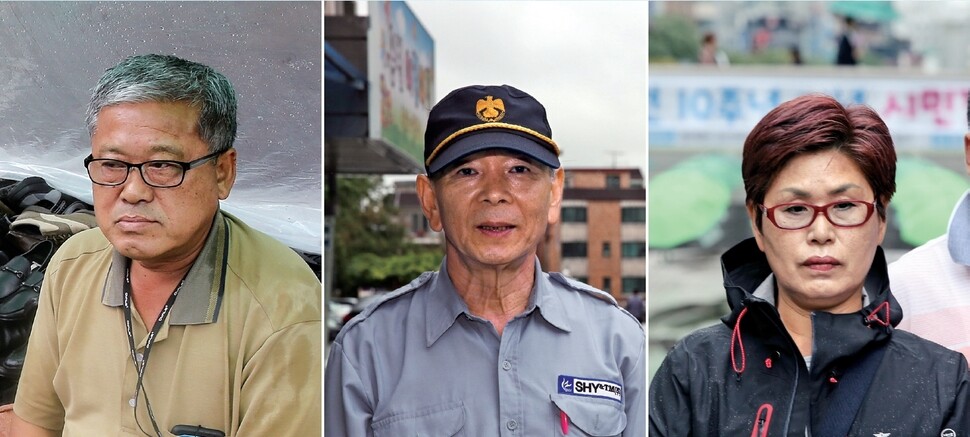 10년 전 청계천을 터전 삼아 장사를 하던 상인들은 이제 노점상으로, 경비로, 일용직 노동자로 하루하루를 버틴다. 왼쪽부터 청계천변에서 신발 장사를 했던 주성근씨, 삼일아파트 상가에서 각각 비디오 판매와 의류 판매를 한 안규호씨와 유산화씨. 왼쪽부터 김진수, 류우종, 정용일 기자