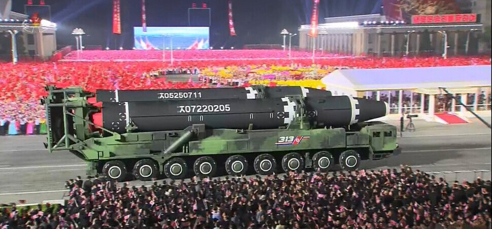 The Hwasong-15 ICBM was displayed during a military parade on April 25 in Kim Il-sung Square marking the anniversary of the founding of the KPRA. (Yonhap News)