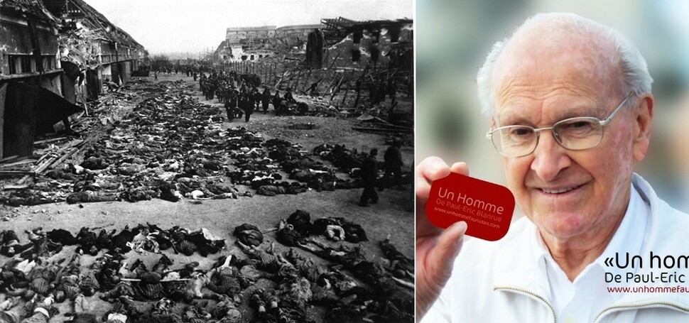 뵐케 막사의 마당에 놓여 있는 유대인 포로들의 주검.1945년 1월부터 미텔바우-도라 나치 수용소에서 병들고 죽어가는 포로들이 이곳으로 옮겨졌다. 사망한 포로는 최대 6천 명에 이르는 것으로 알려졌다(왼쪽). 나치의 가스실과 히틀러의 살인 명령 등의 사실을 부정해 처벌받은 역사학자 로베르 포리송. 왼쪽부터 위키피디아, 유튜브