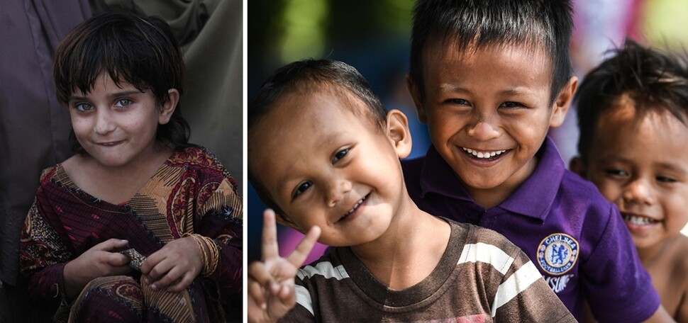 아프가니스탄 난민 소녀가 ‘세계 난민의 날’인 6월20일 파키스탄 페샤와르 외곽 나우셰라의 유엔난민고등판무관실(UNHCR)에서 가족과 함께 아프가니스탄으로 돌아가기 위해 사진을 찍고 있다.(왼쪽)/ 9월28일 인도네시아를 덮친 지진과 쓰나미로 큰 피해를 입은 중부 술라웨시섬 팔루의 이재민 캠프에서 어린이들이 손가락으로 ‘V’자를 그리며 웃고 있다. 이 재해로 1400여 명이 희생됐다.
