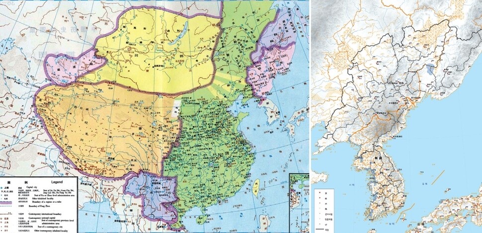 통일신라·발해 시기를 그린 담기양 지도(820년)와 동북아역사지도(830년). 담기양 지도(왼쪽)에선 발해에 색이 칠해졌다. 통일신라처럼 당의 강역과 상관없는 영역은 회색으로 칠해져, 중국이 발해도 중국사에 포함되는 영역이라고 보고 있음을 알 수 있다. 또 한반도 북부와 요동반도(랴오둥반도) 쪽을 비교해보면 이를 당의 영역으로 표시한 담기양 지도와 달리 동북아역사지도(오른쪽)는 발해의 영역으로 표시했다. 정요근 덕성여대 교수는 “담기양 지도는 말갈을 발해와 다른 영역으로 표시했다. 반면 동북아역사지도는 말갈을 발해에 복속된 지역으로 보고 발해 영역에 포함시켰다”고 말했다. 동북아역사지도편찬위원회 제공 (※이미지를 누르면 크게 보실 수 있습니다.)