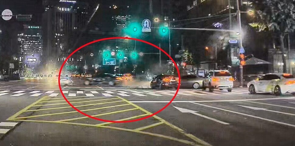 Footage from the dash cam of a car in the vicinity captures the car that crashed as it cuts across lanes on a major road near Seoul’s City Hall Station on July 1, 2024. (courtesy of a reader/Yonhap)