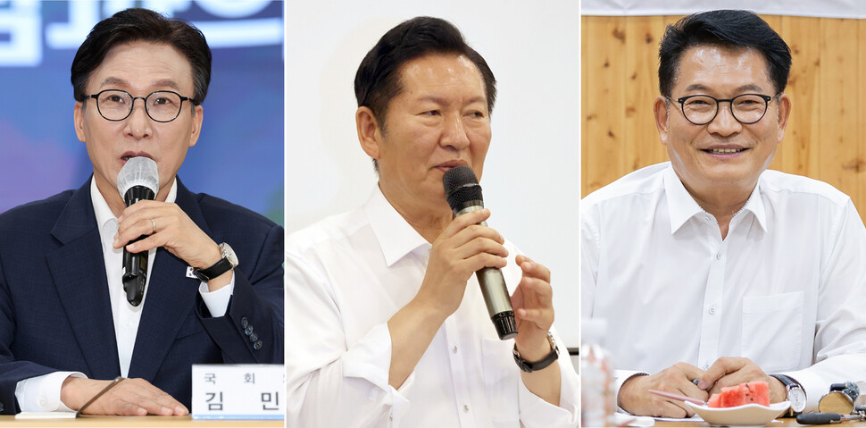 김민석·정청래·송영길(왼쪽부터) 더불어민주당 대표 후보들이 7일 선거운동에 나선 모습. 연합뉴스, 송 후보 캠프 제공
