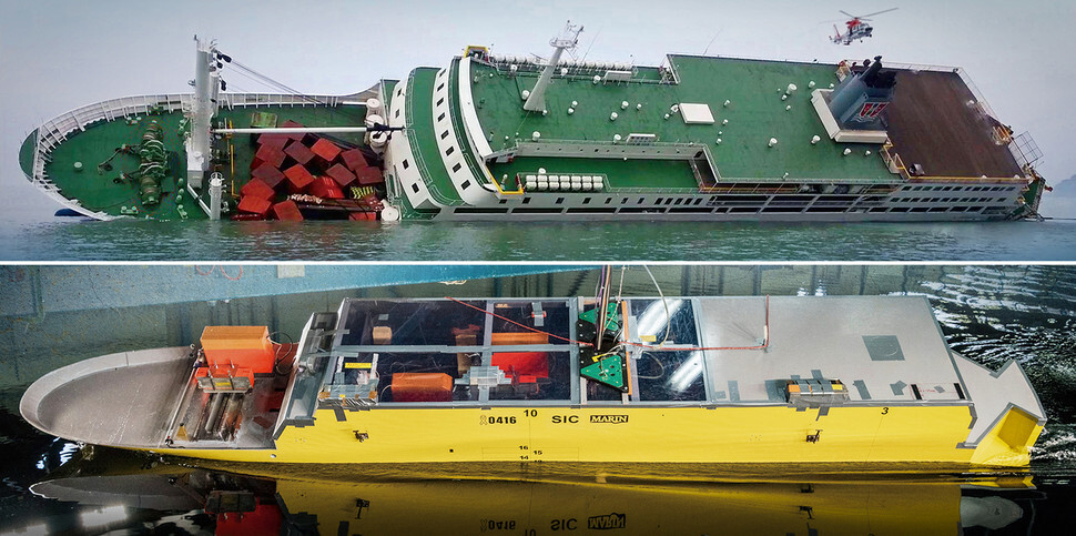 Above: MV Sewol heeling to the port side on Apr. 16, 2014. (Provided by Special Investigation Commission on 4.16 Sewol Ferry Disaster). Bottom: MARIN’s Model 9929 of MV Sewol (length: 573 cm, width: 87 cm). (Provided by MARIN)