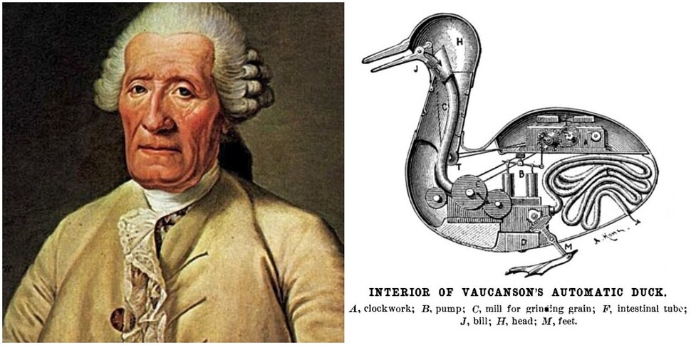 프랑스 발명가 자크 드 보캉송(왼쪽)과 보캉송이 만든 자동 장치 오리. 위키미디어