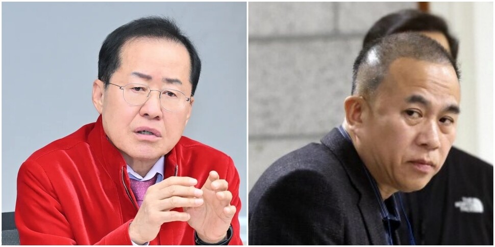 홍준표 전 대구시장(왼쪽)과 ‘명태균 게이트’의 핵심 인물인 명태균씨. 한겨레 자료