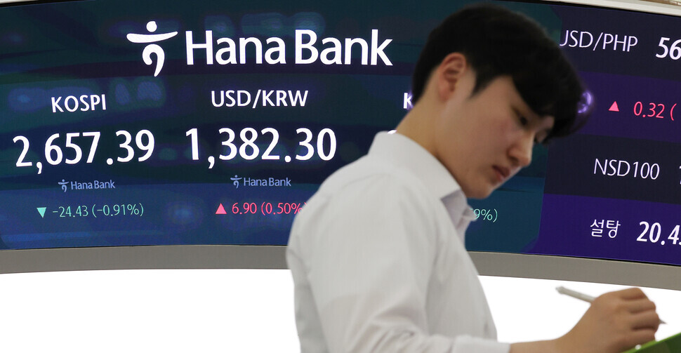 A monitor at Hana Bank’s trading room in downtown Seoul displays the KOSPI and won-to-dollar exchange rates. (Yonhap)