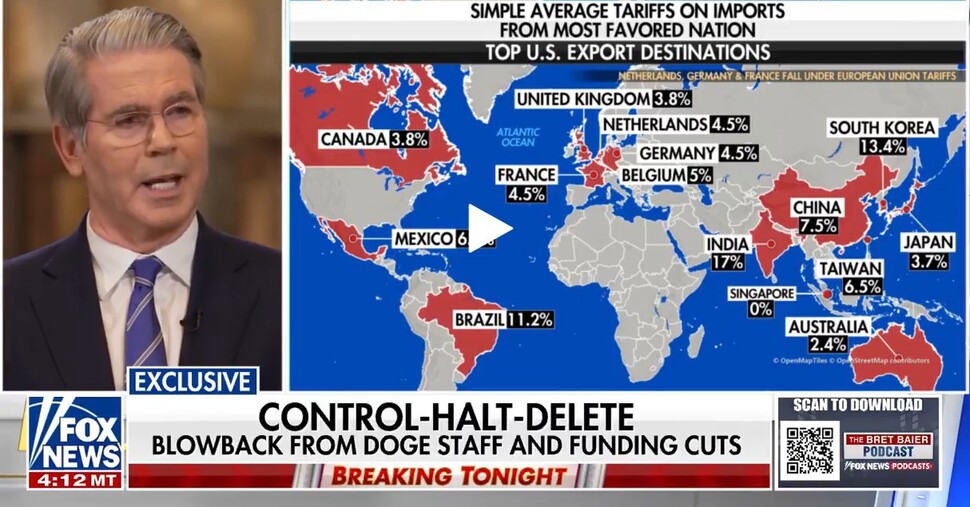 去る 14日スコット梨セントアメリカ財務部長官がフォックスニュースとインタビューする画面. フォックスニュースガルムリ