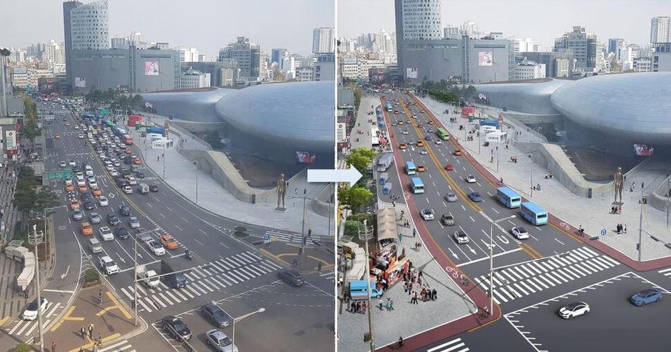 A bird’s-eye view of an artist’s rendering showing the road next to the Dongdaemun Plaza after it has been narrowed from its current eight lane configuration (left) to six. (provided by Seoul City)