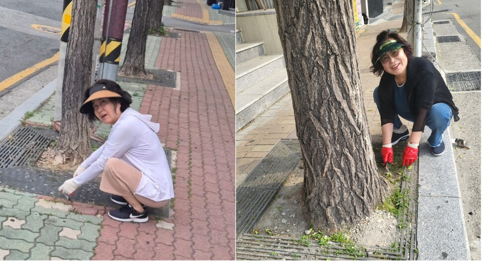 부산 동래구 온천1동 주민 김균자(왼쪽)씨와 정수민씨가 평소 청소하는 모습을 시범 보여주고 있다. 김균자·정소민씨 제공