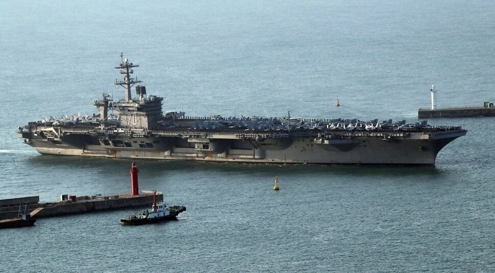The USS Carl Vinson aircraft carrier coming into Busan port while participating in South Korea-US military exercises