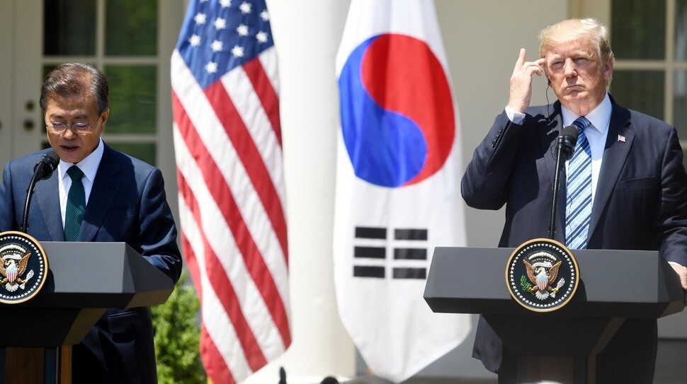 President Moon Jae-in and US President Donald Trump during a press conference at the White House Rose Garden in Washington DC after their summit
