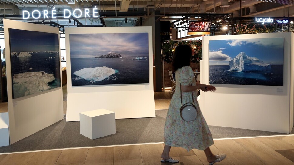 A visitor walks past photos of an iceberg near D’Urville Island, Antarctica, that show the ice melting due to climate change. (Kang Chang-kwang/The Hankyoreh)