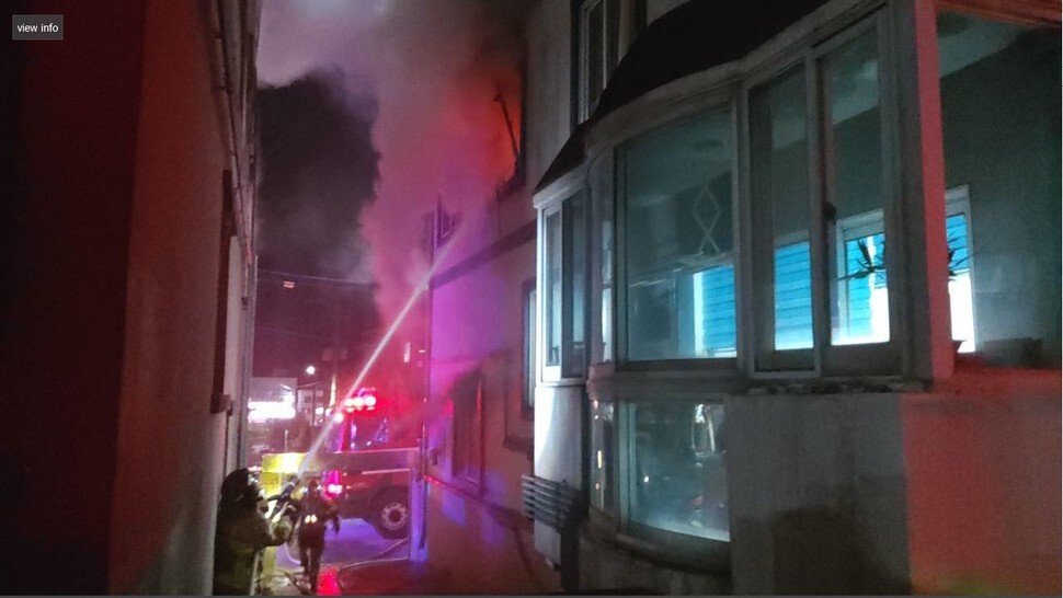 Firefighters put out a fire in the building in Yangyang County, Gangwon Province, where Ali lived and from which he rescued over 10 South Korean people before fleeing the scene on Mar. 23. (provided by Gangwon Fire Headquarters)