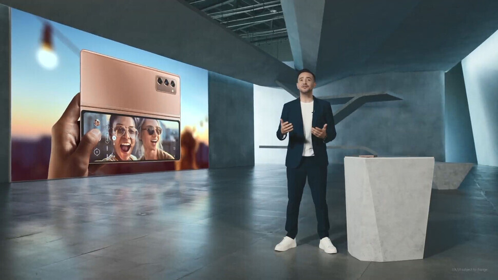 Victor Delgado, head of sales and marketing at Samsung’s mobile division, presents the Galaxy Z Fold 2 smartphone during the company’s online Unpacked Part 2 event, streamed live on Sept. 1. (Samsung Electronics’ YouTube channel)